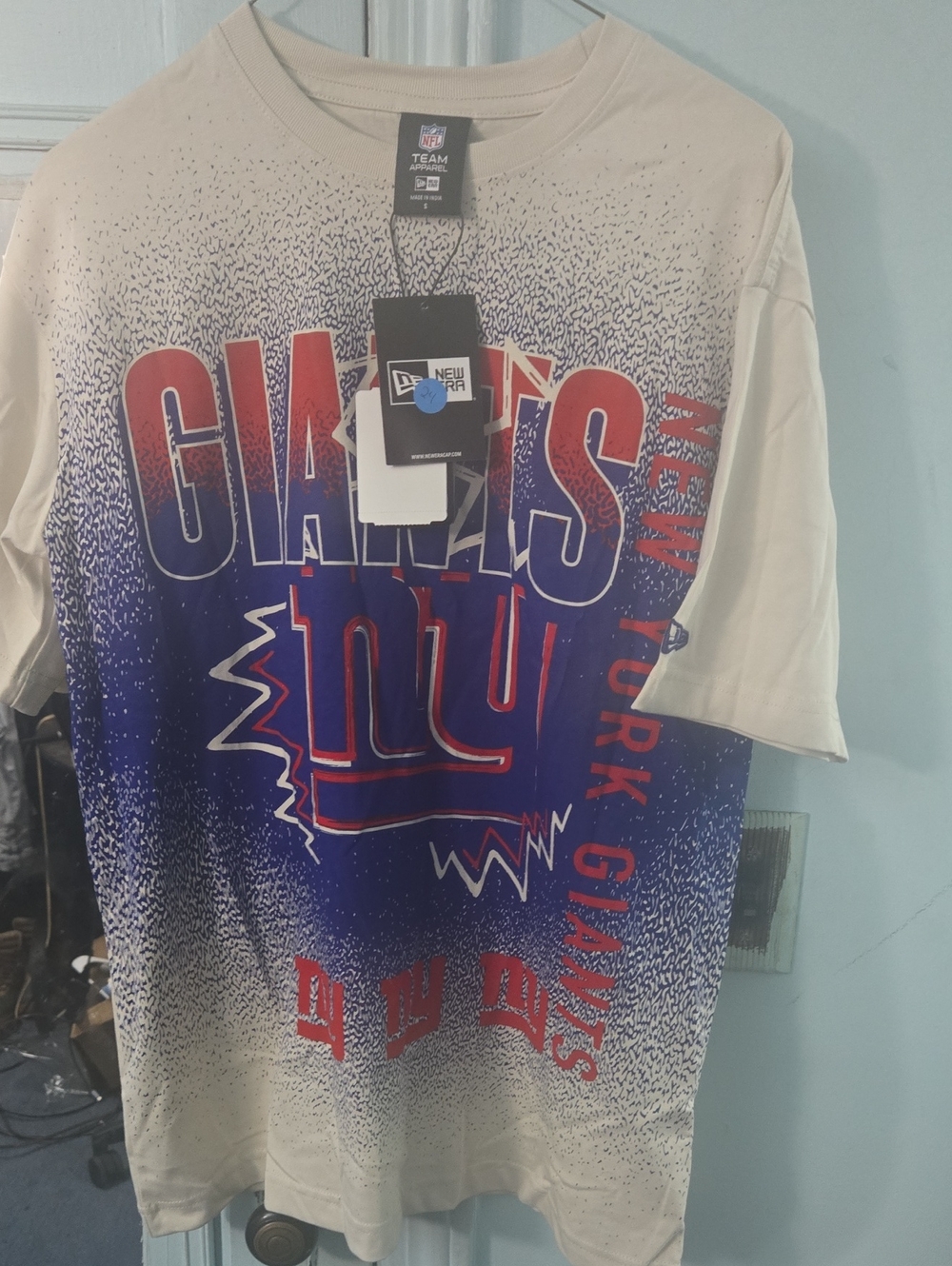 New Era Cream T-Shirt with Blue Gradient and Red Giants Logo